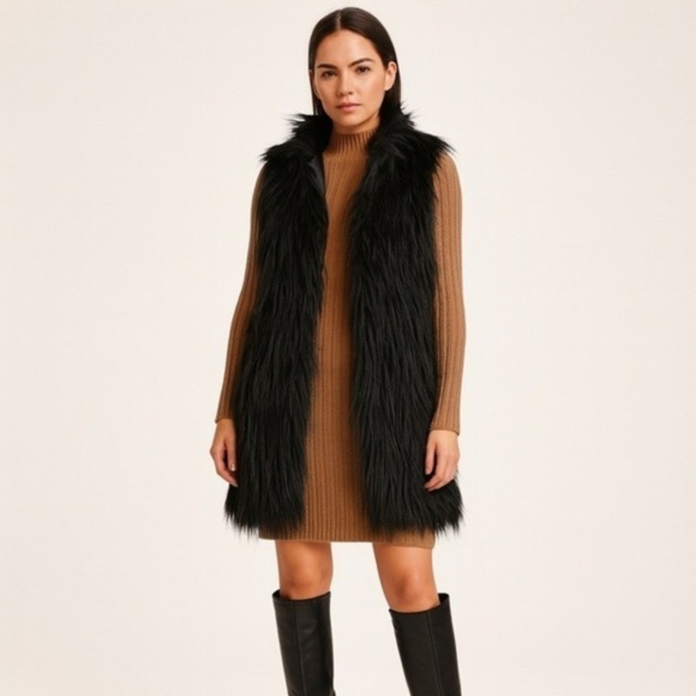 Andrianna Papell Faux Fur Vest Women Size M Black Ribbed Knit Whimsigoth Mobwife